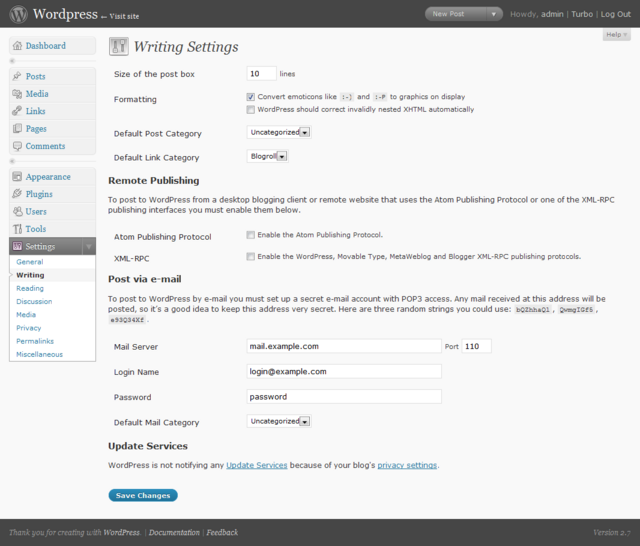 WordPress管理面板-设置-撰写