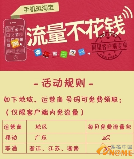 阿里宣布流量免费正式实施 首批免费地区公布