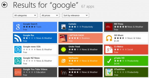 在Windows Store上搜索谷歌搜索引擎的截图