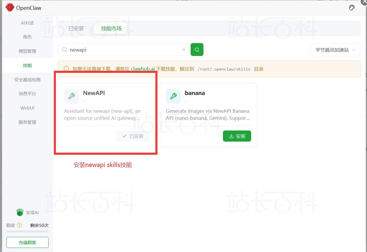 安装 NewAPI Skills 插件