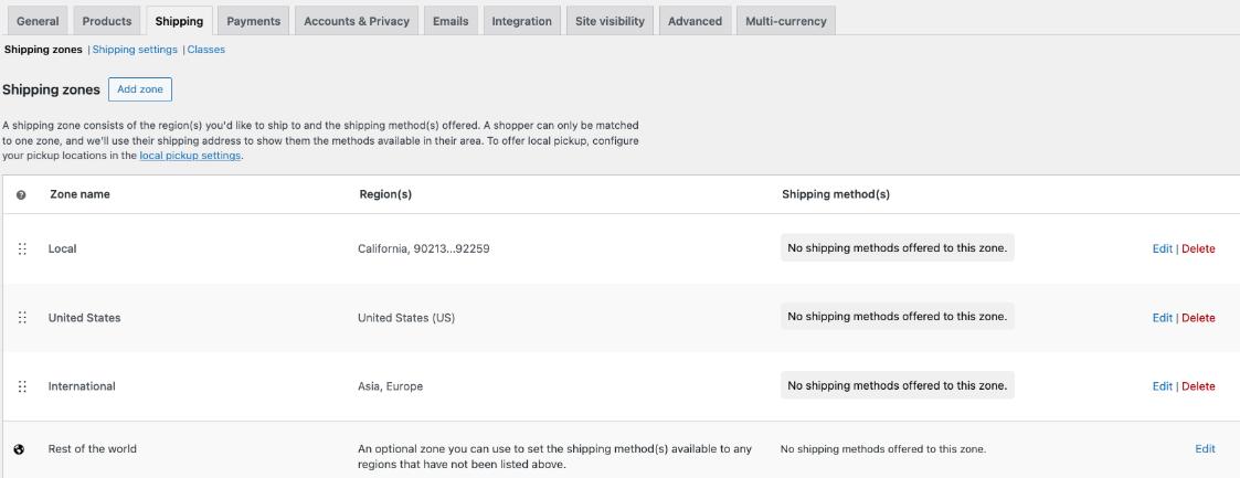 WooCommerce运输配送