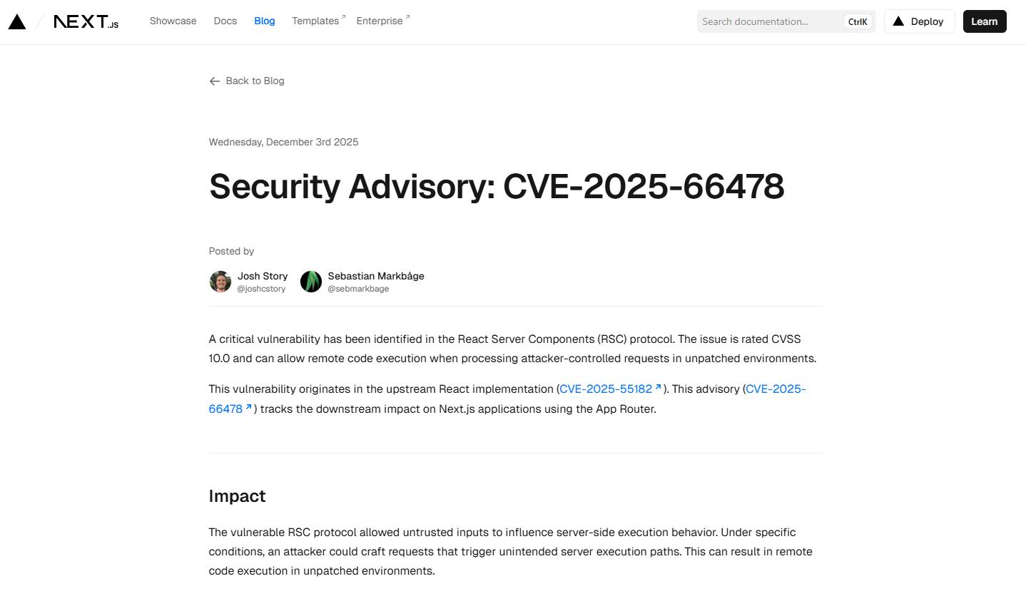 Next.js爆出高危漏洞”CVE-2025-66478″ 建议即刻排查升级