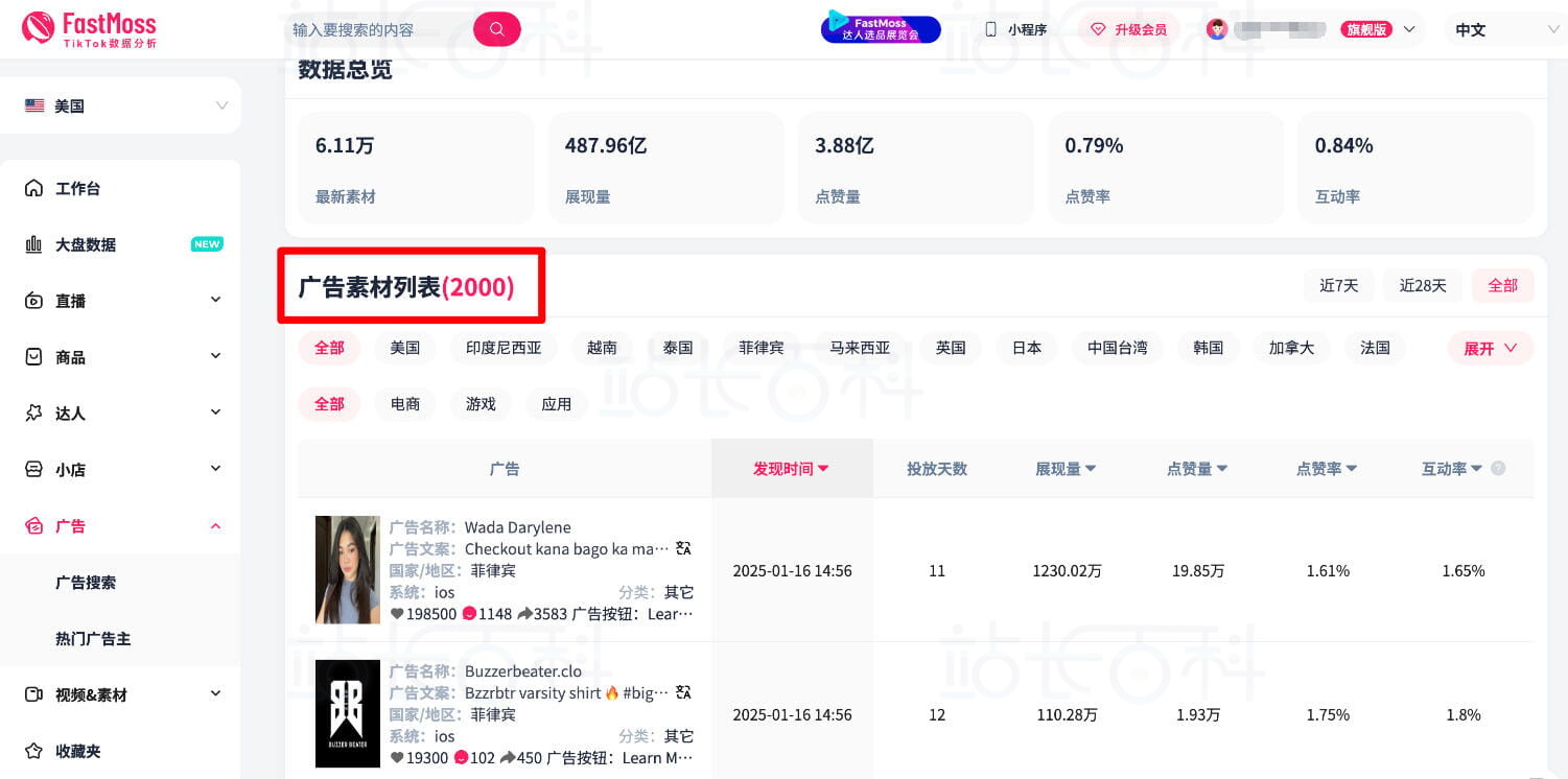 FastMoss找热门广告&素材