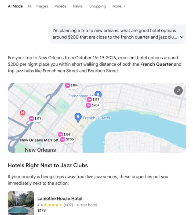 AI模式查询酒店时