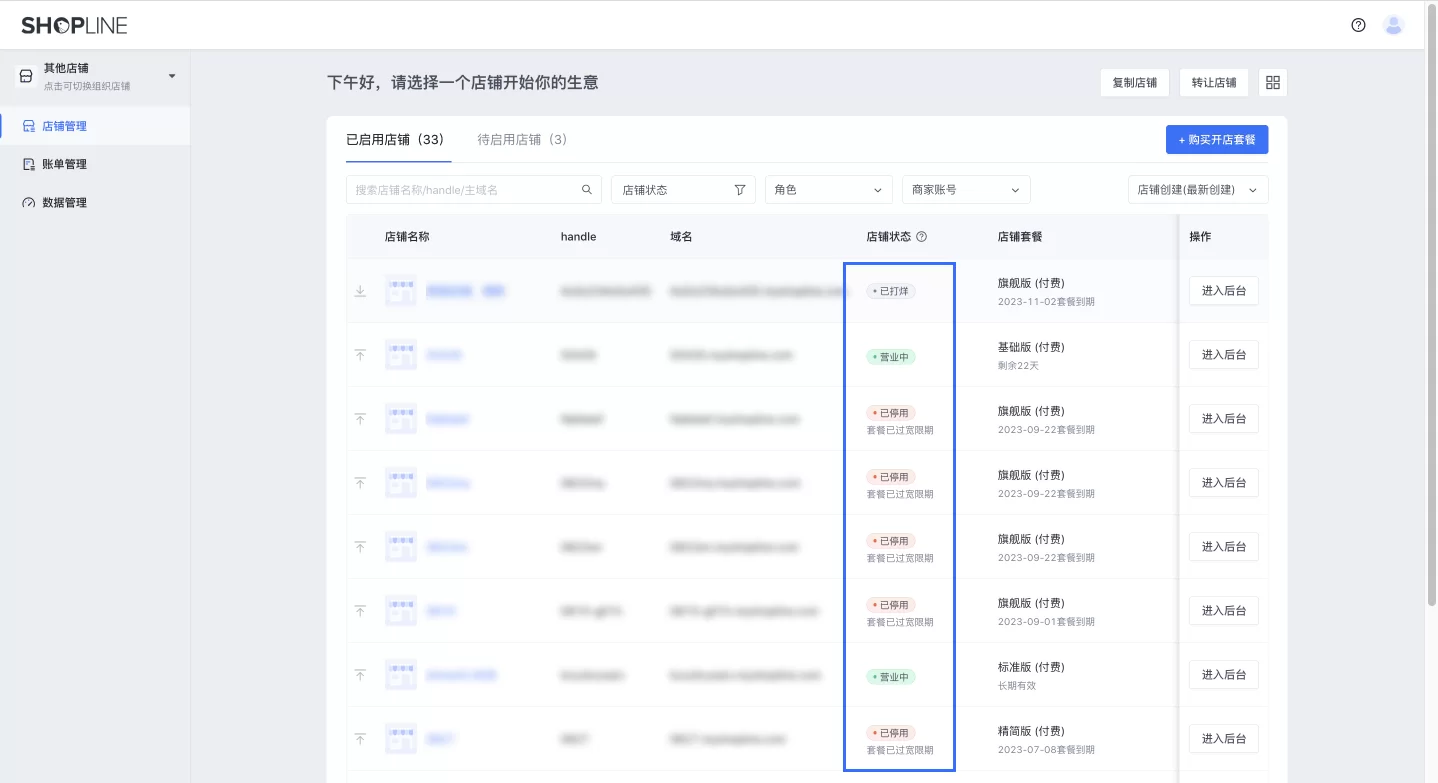 SHOPLINE商店状态